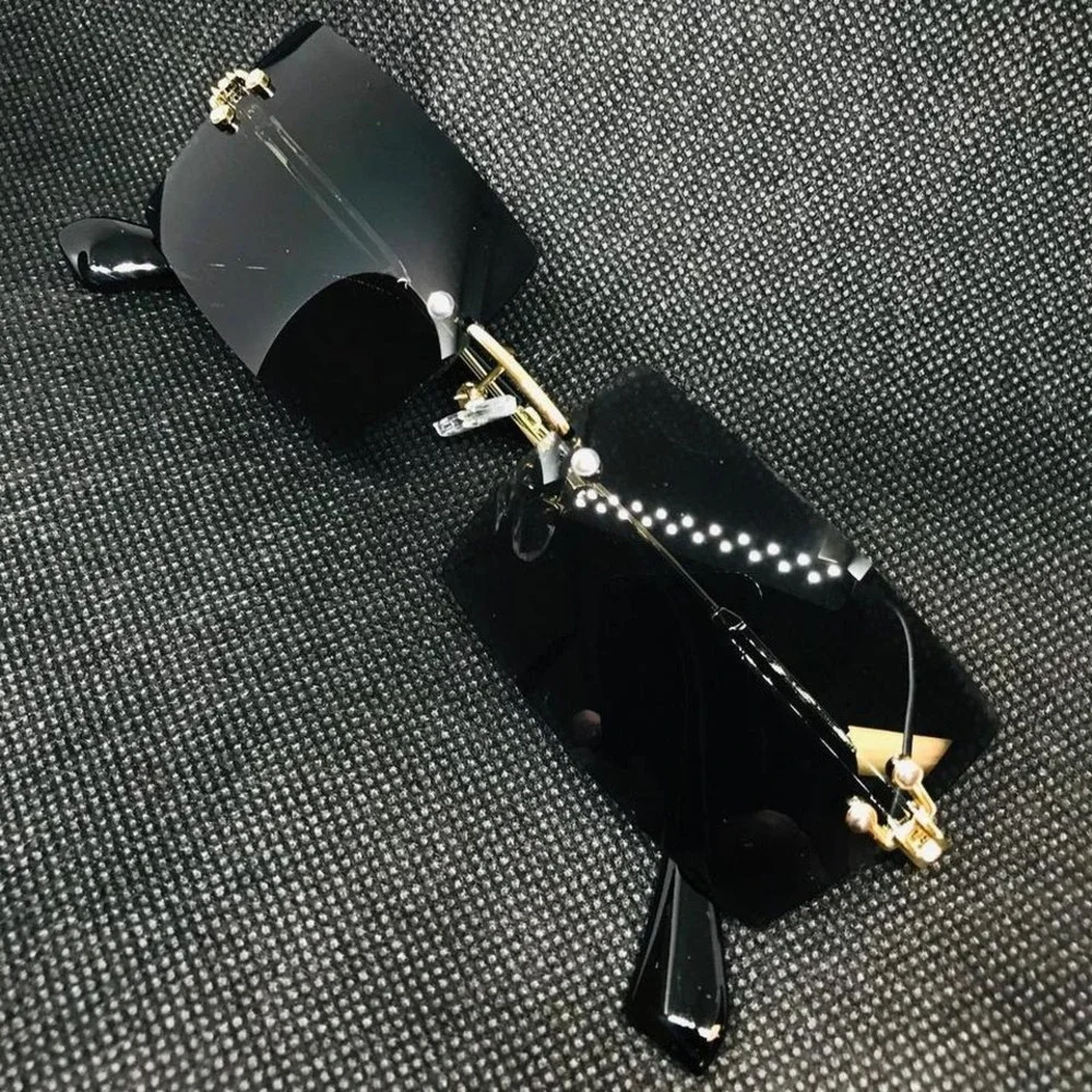 Rimless Rectangle‎ Sunglasses Men Women Fashion Trendy Shades Style Dark Black